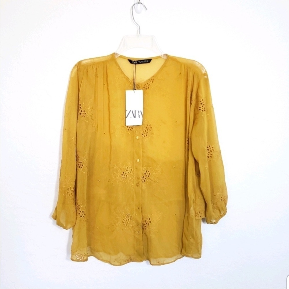 Zara Boho Semi Sheer Botton DownMustard Blouse NWT - Picture 3 of 4